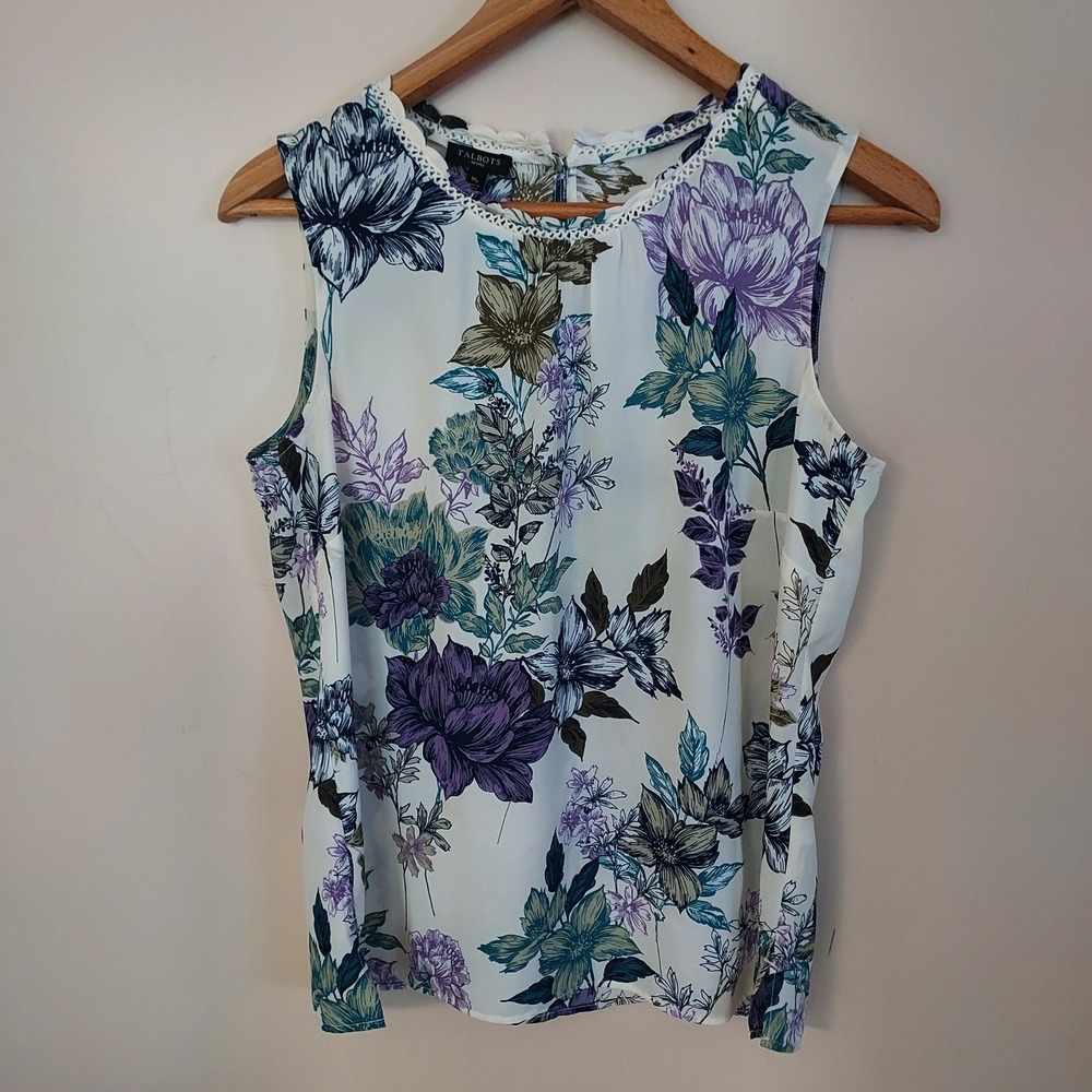 Talbots Petites Floral Sleeveless Blouse White Purple Blue Lace‎ Trim MP